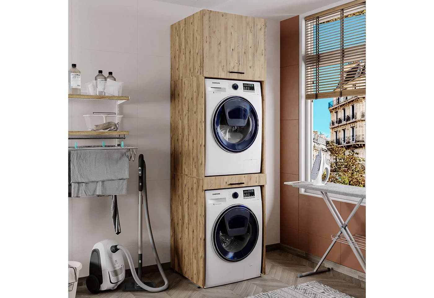 Roomart Waschmaschinenumbauschrank mit Ausziehbrett & Hochschrank Eiche