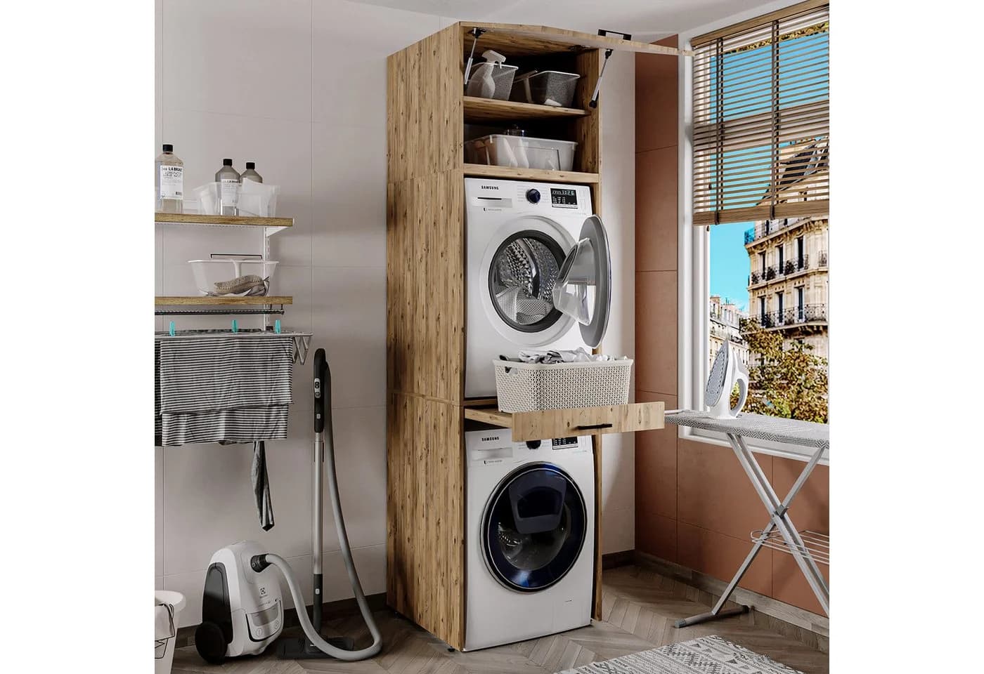 Roomart Waschmaschinenumbauschrank mit Ausziehbrett & Hochschrank Eiche - Bild 2