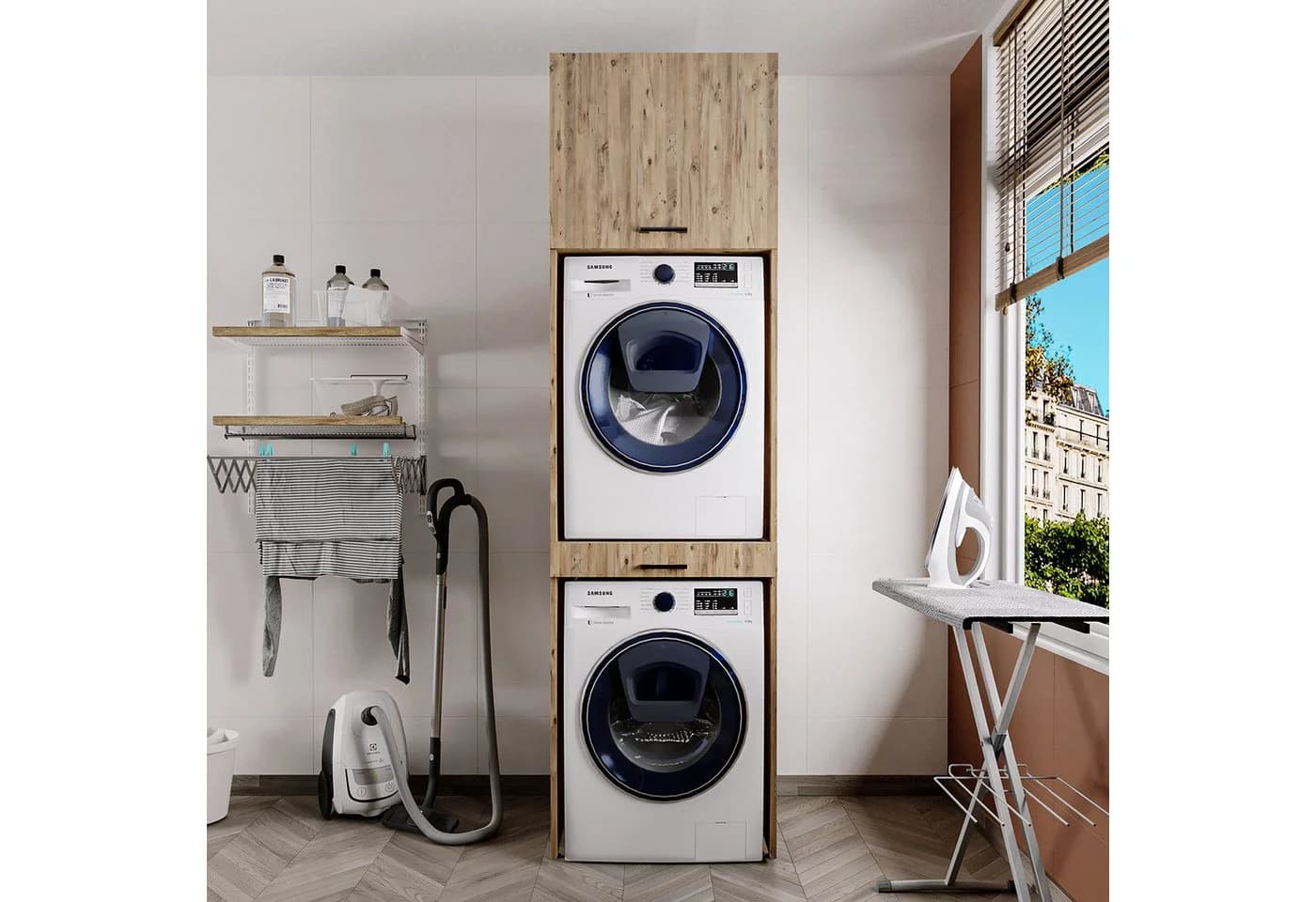 Roomart Waschmaschinenumbauschrank mit Ausziehbrett & Hochschrank Eiche - Bild 3