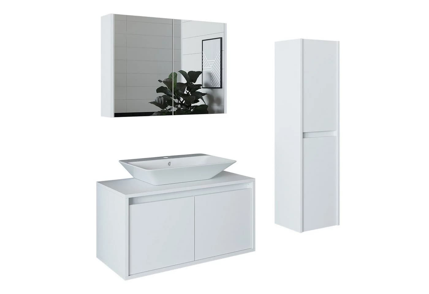 Roomart Badmöbel-Set ATLANTIC 85cm mit Waschbecken & Spiegelschrank Weiß