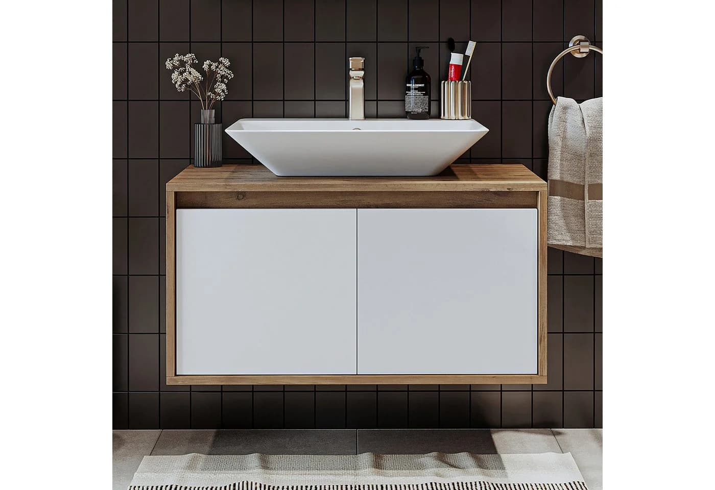 Roomart Badmöbel-Set ATLANTIC 85 cm Weiß-Eiche mit Keramik-Aufsatzbecken