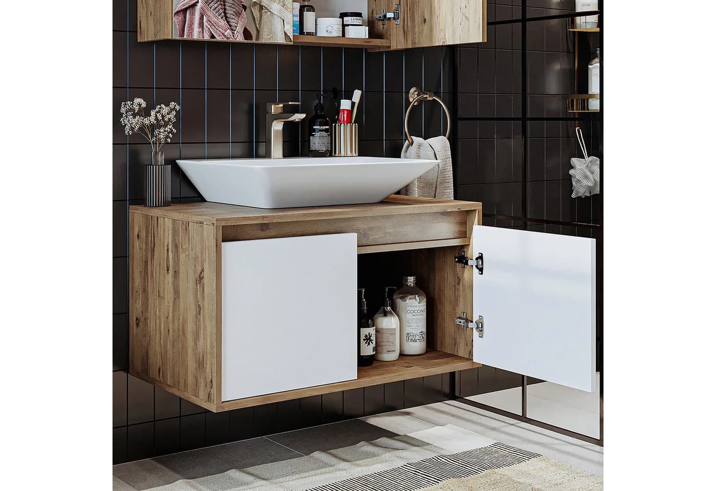 Roomart Badmöbel-Set ATLANTIC 85 cm Weiß-Eiche mit Keramik-Aufsatzbecken - Bild 5