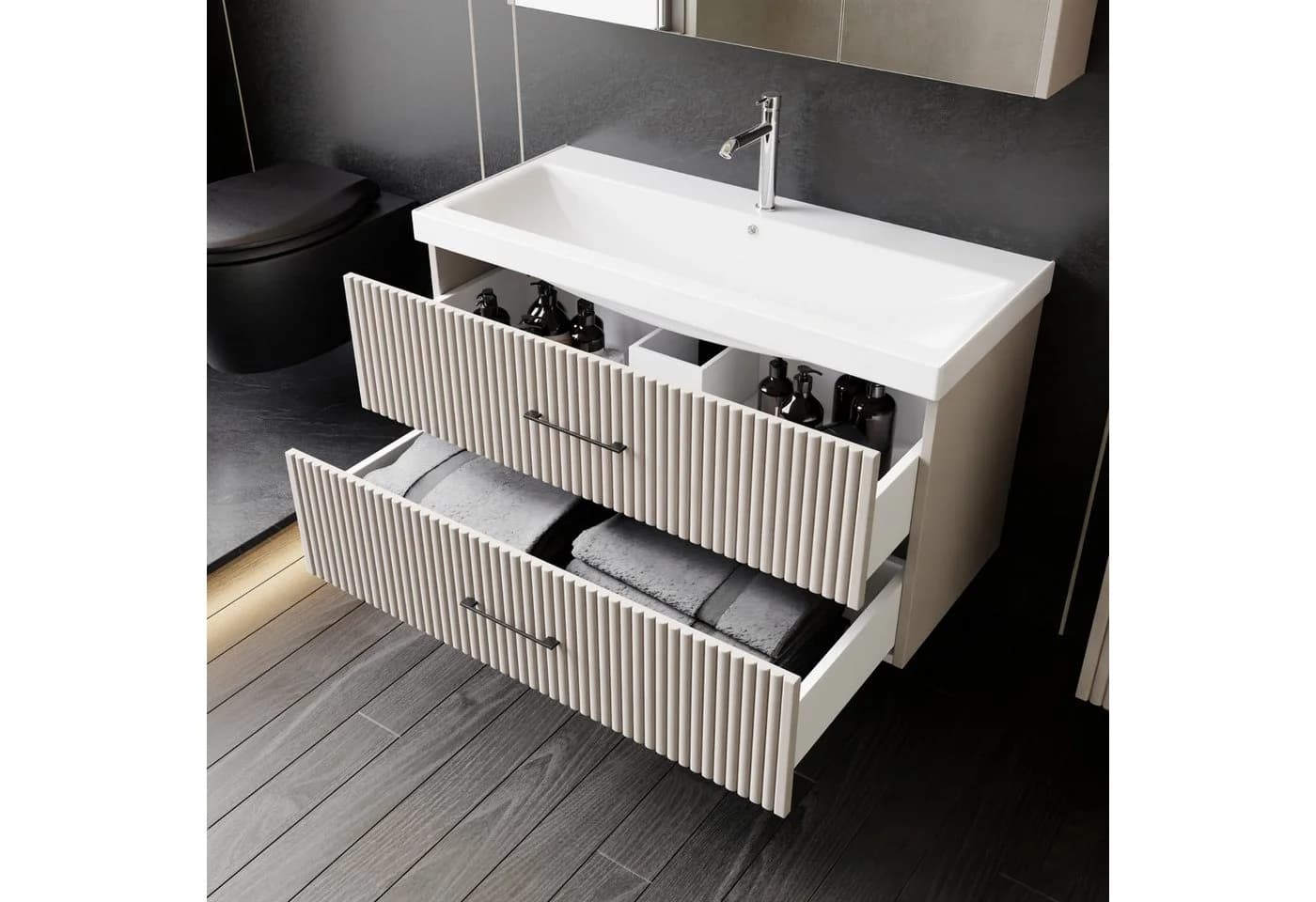 Karen Badmöbel-Set Liana 3-tlg. Pastellbraun Riffeloptik Softclose