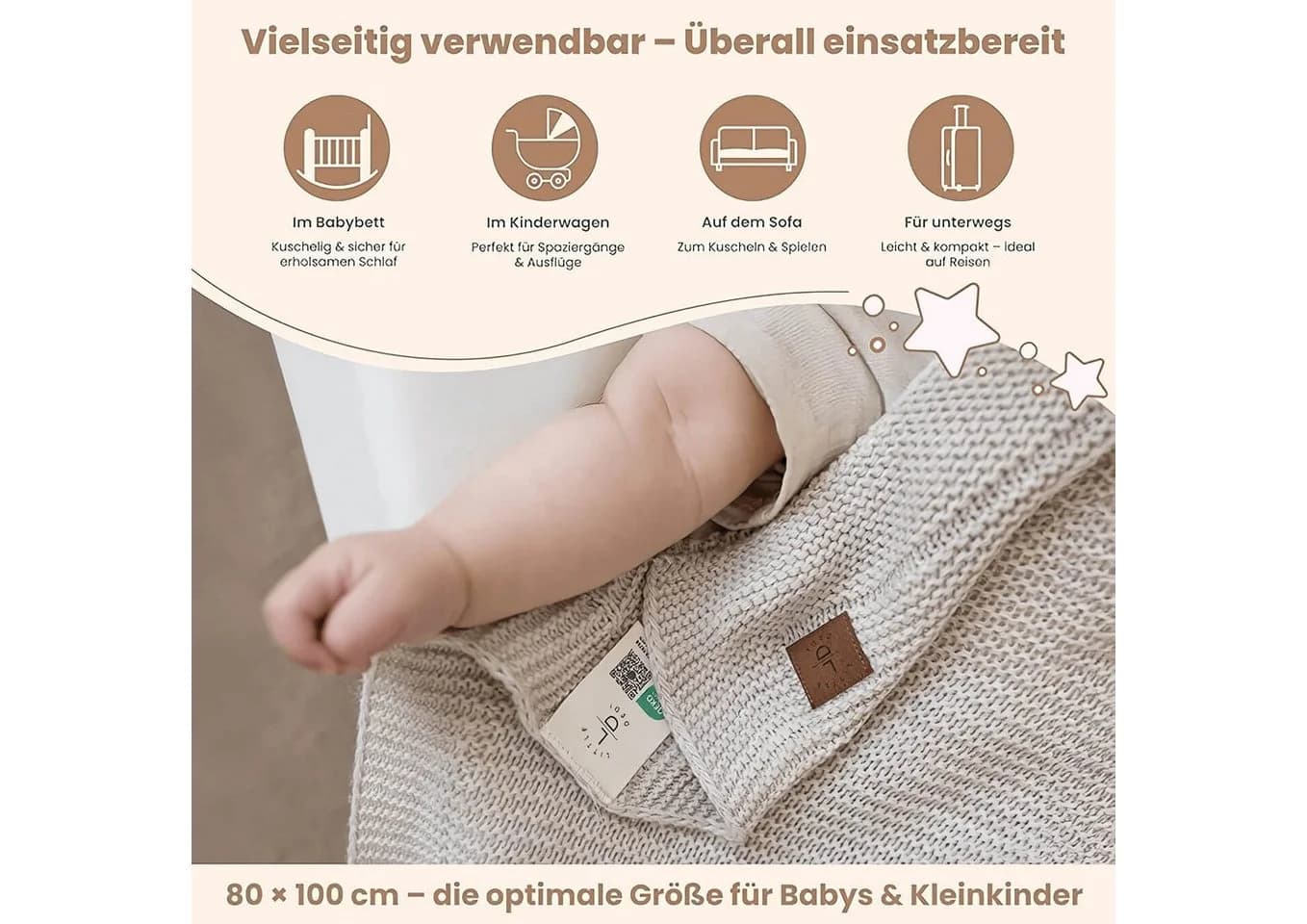 Babydecke Baby Strickdecke Weich & Atmungsaktiv 80x100cm Beige Little Dedi - Bild 4