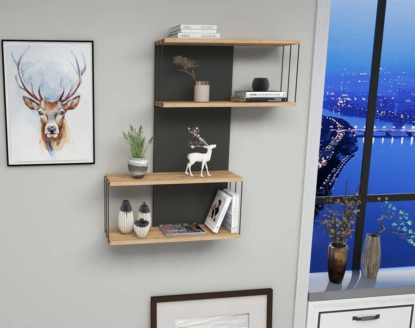 Skye Decor Wandregal Anthrazit und Eiche