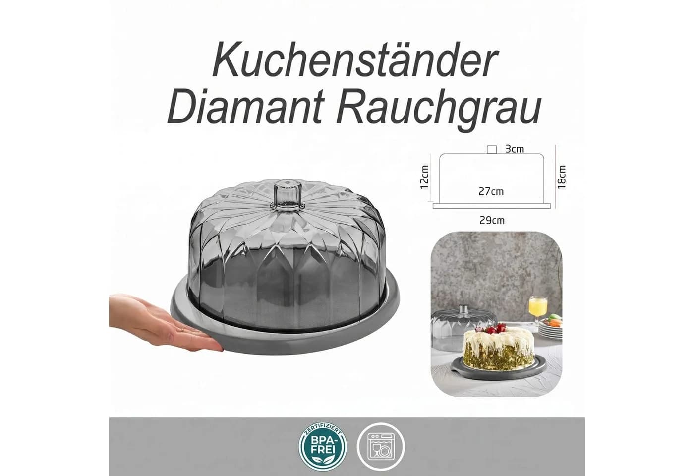 Vip Ahmet Kuchenhaube mit Fuß und Deckel 29 cm Grau Kunststoff - Bild 5
