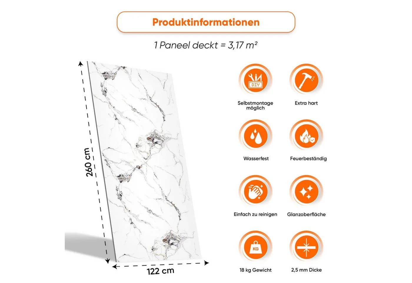 IZODEKOR 3D Wandpaneel Carrara Nova Marmor-Optik 260 cm Höhe