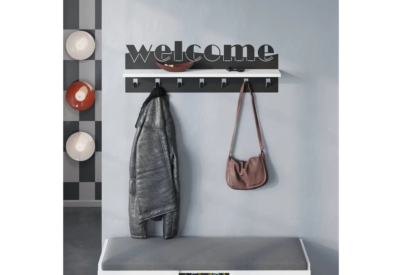 Decortie Kleiderhaken Willkommen Wandhaken mit 7 Haken und Regal Weiß - Bild 2