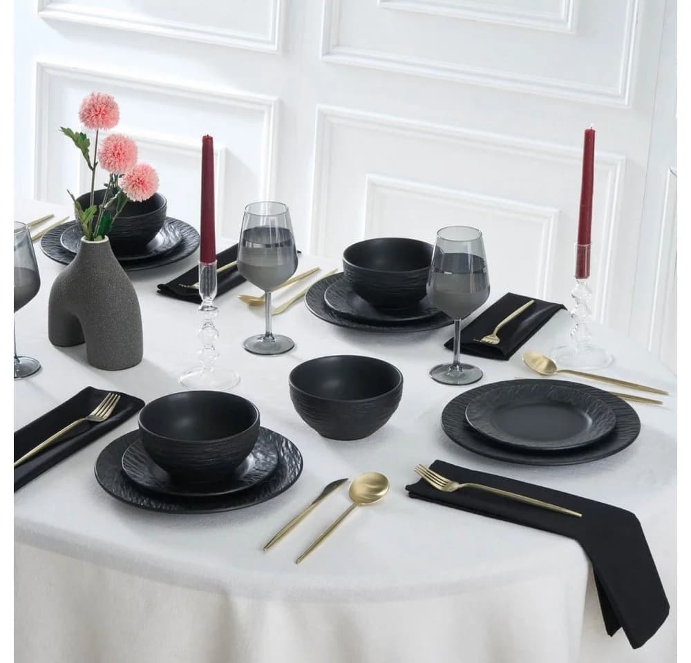 Karaca Geschirr-Set Solem Embossed 18-tlg. Schwarz Steinzeug