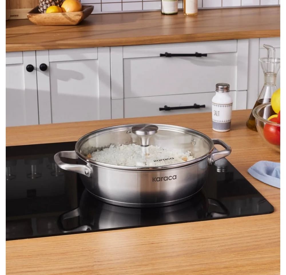 Karaca Elite Edelstahl-Kasserolle Flach 26 cm 3,4 L Silber