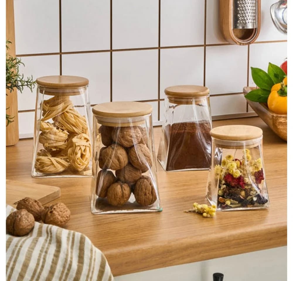 Karaca Prism Vorratsdosen Set 4-teilig Glas Bambus