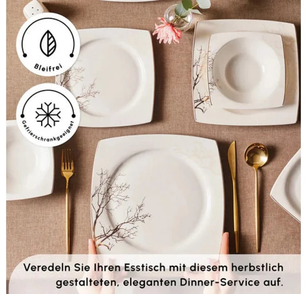 Karaca Autumn Bone Geschirrset 53-tlg für 12 Personen Quadratisch