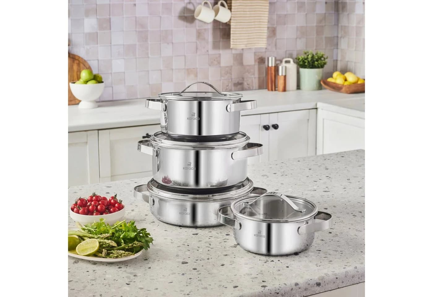 Karaca 3 Ply Culinara 8-teiliges Kochgeschirr-Set Edelstahl Silber