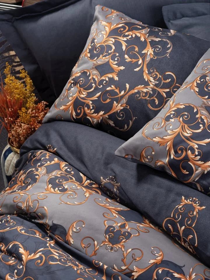 L'Essentiel Maison Bettdecke + Kopfkissen 100% Cotton Satin Dunkelblau Gold