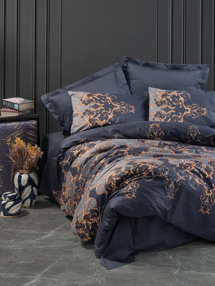 L'Essentiel Maison Bettdecke + Kopfkissen 100% Cotton Satin Dunkelblau Gold - Bild 2