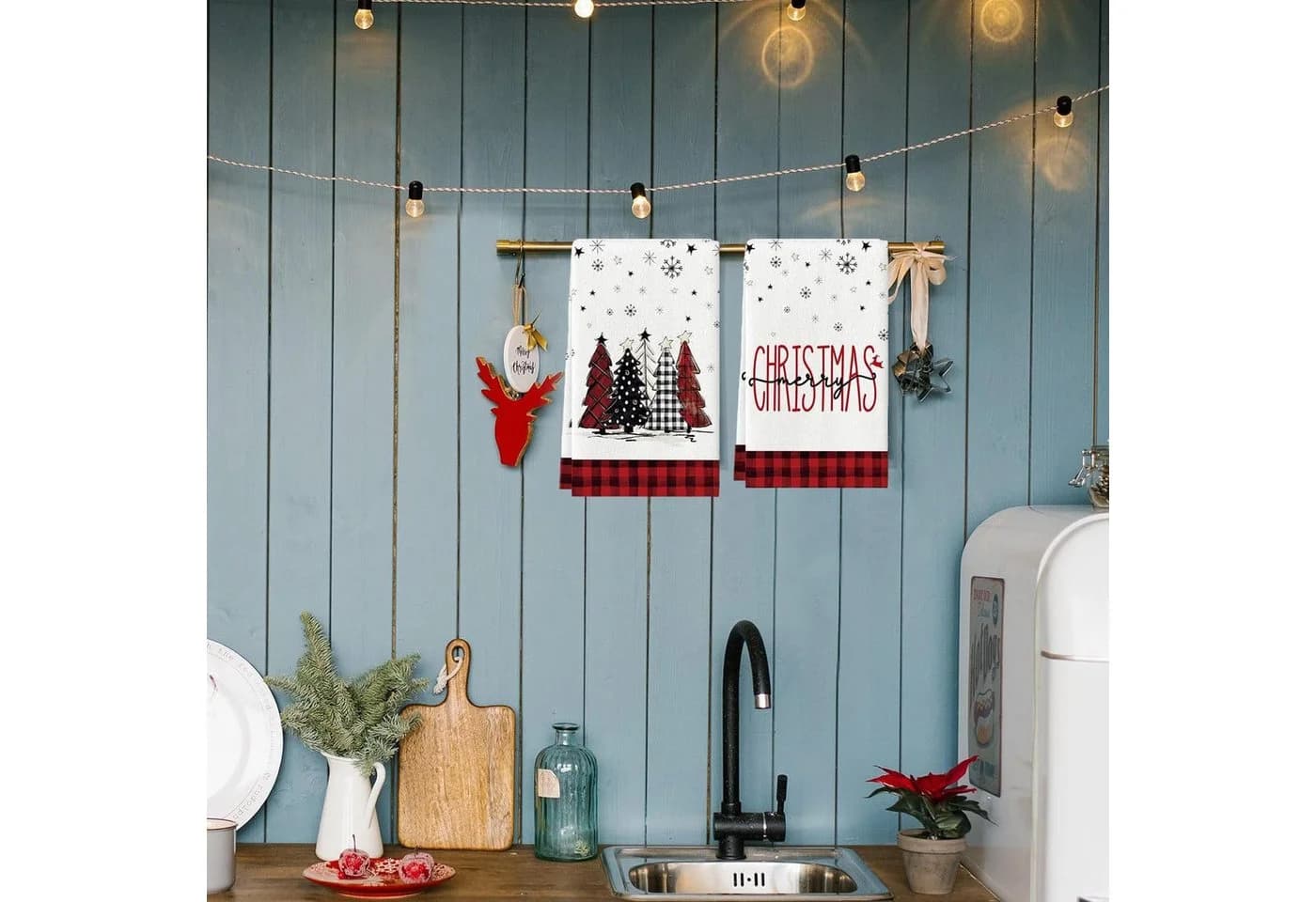 FOUORTUNATE-BEE Geschirrtuch Weihnachtsdeko Weiß Karomuster Polyester - Bild 4