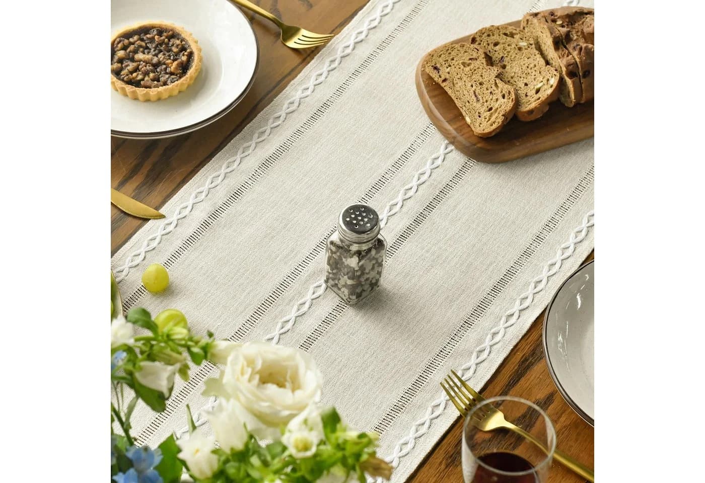 FOUORTUNATE-BEE Tischläufer Boho Creme Landhausstil Quasten