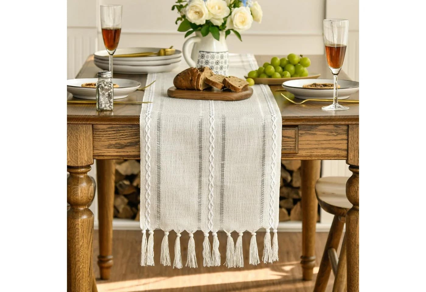 FOUORTUNATE-BEE Tischläufer Boho Creme Landhausstil Quasten - Bild 3