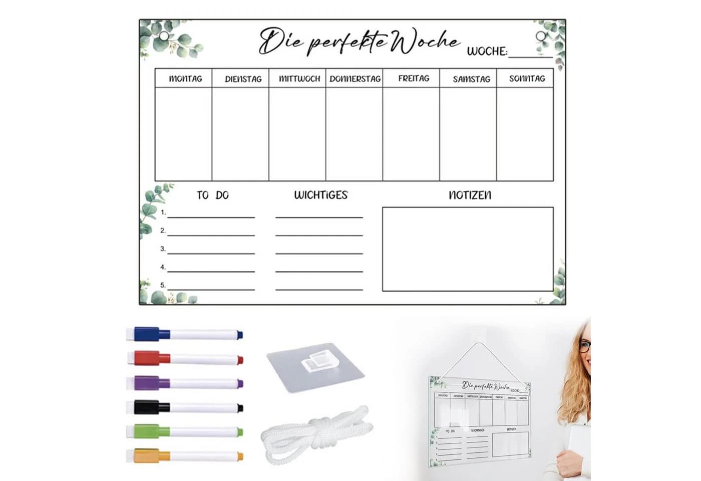 FOUORTUNATE-BEE Acrylglas Wochenplaner Abwischbar mit 6 Stiften