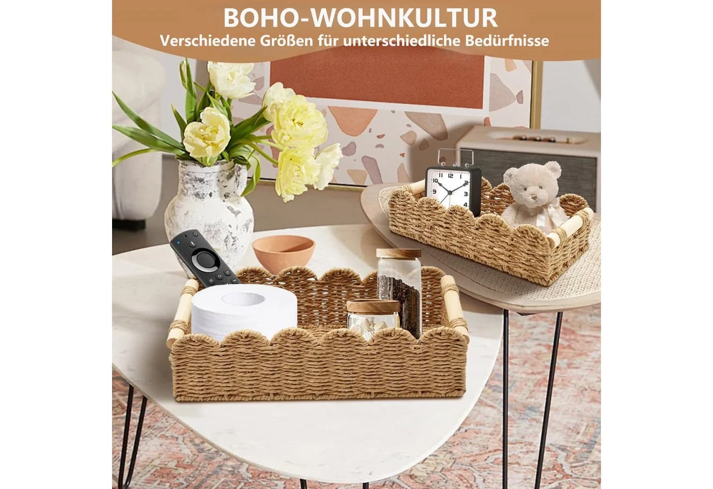 FOUORTUNATE-BEE Aufbewahrungskorb 2er Set Geflochten mit Holzgriffen Beige