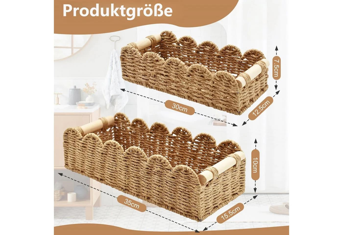 FOUORTUNATE-BEE Aufbewahrungskorb 2er Set Geflochten mit Holzgriffen Beige - Bild 3