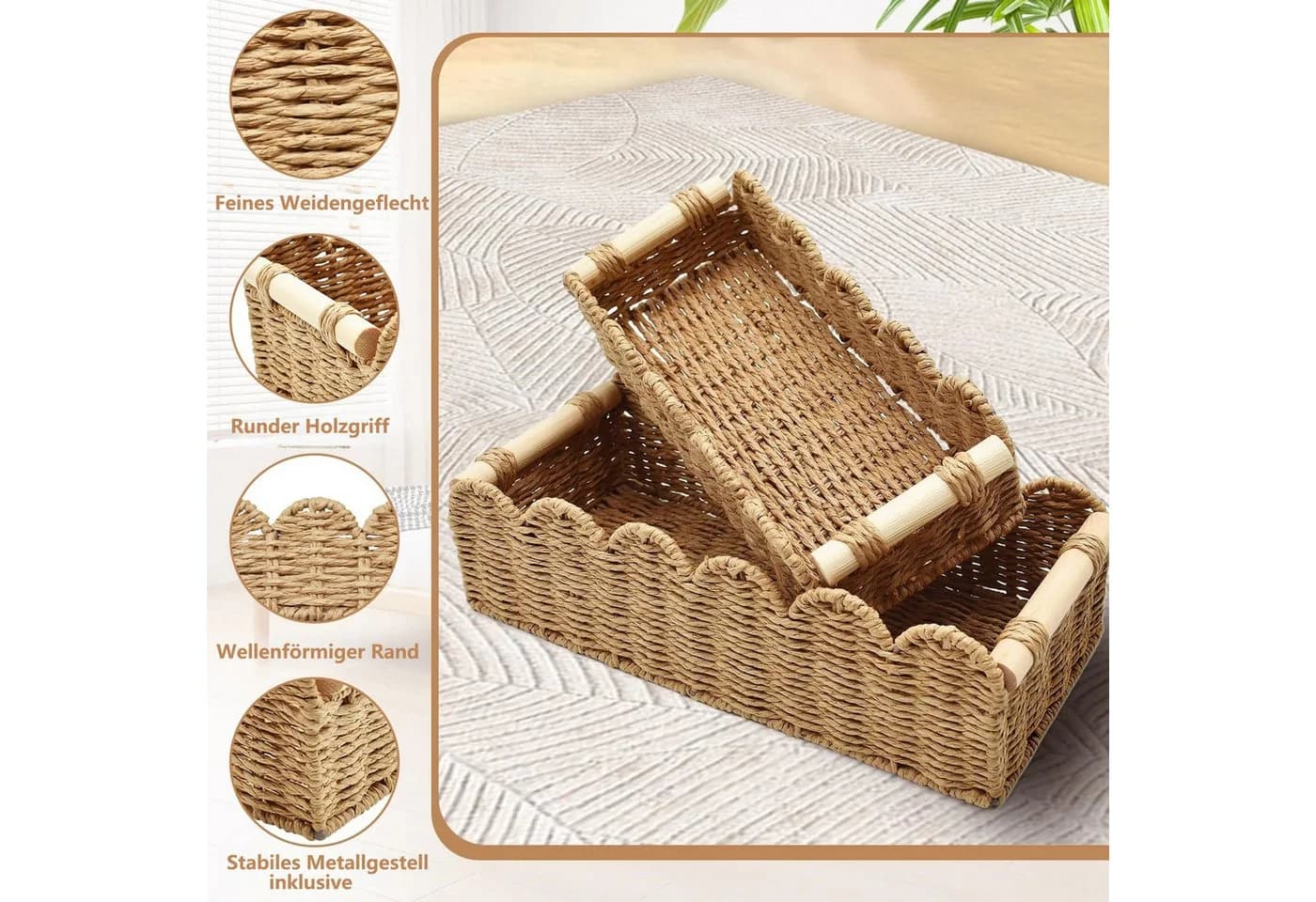 FOUORTUNATE-BEE Aufbewahrungskorb 2er Set Geflochten mit Holzgriffen Beige - Bild 4