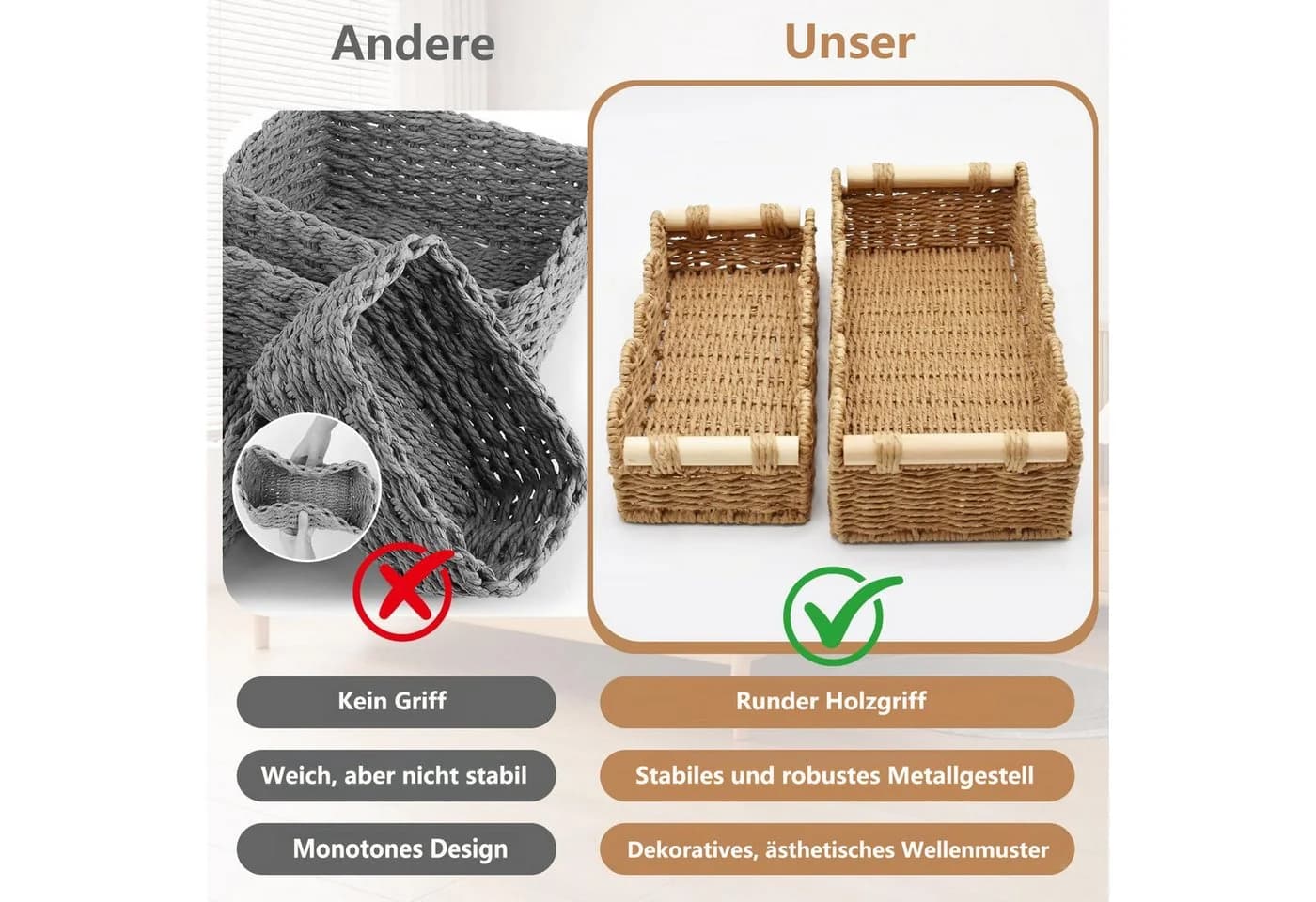 FOUORTUNATE-BEE Aufbewahrungskorb 2er Set Geflochten mit Holzgriffen Beige - Bild 5