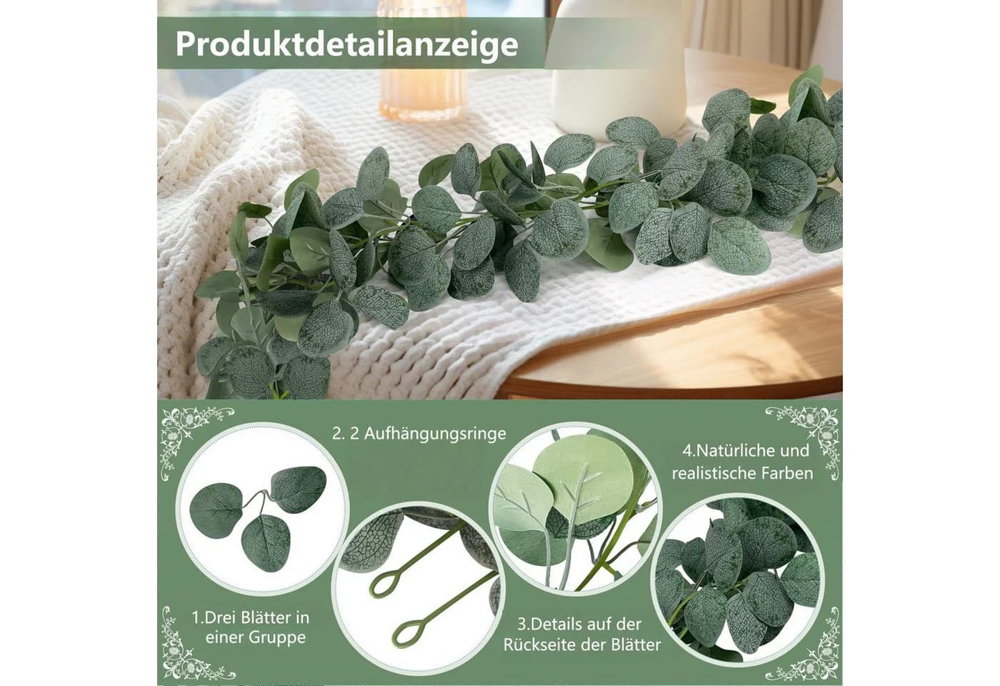FOUORTUNATE-BEE Kunstpflanze 4 Stück Eukalyptus Girlande Grün - Bild 3