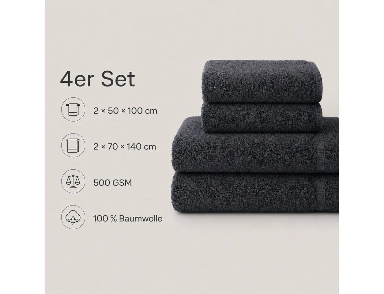 Ahsen Professional Handtuch Set 100% Baumwolle Grau 500/600 GSM