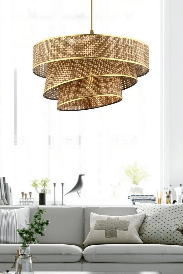 P & B Hängeleuchte Gold Beige Metall Textil 72 cm