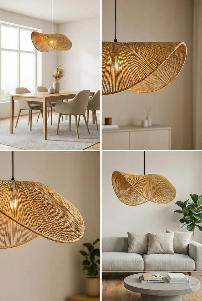Opviq Pendelleuchte "Mustard" Verstellbare Höhe Raffia-Optik