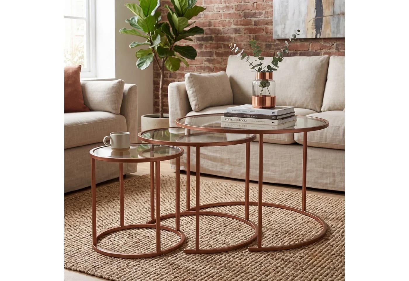Skye Decor Couchtisch Japandi 3-teilig Orange Glas Metall - Bild 5