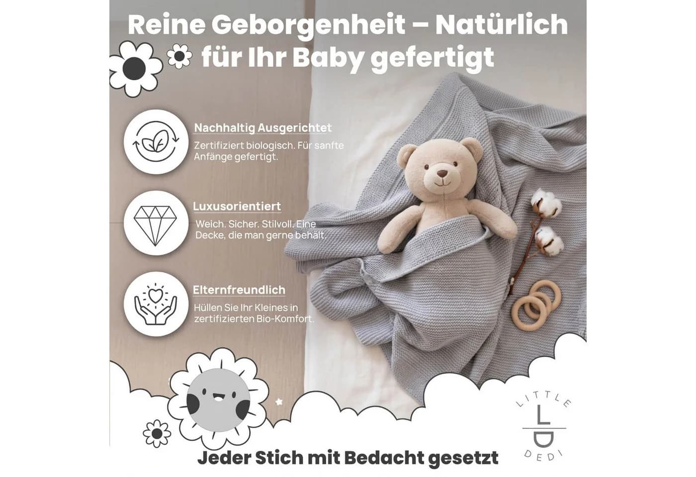 Little Dedi Babydecke Alina 100% Bio-Baumwolle Silber