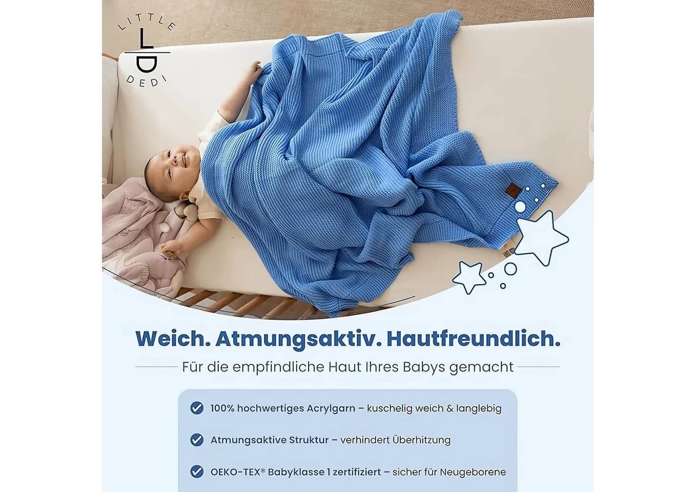 Little Dedi Babydecke Blau 80x100cm Premium-Acryl