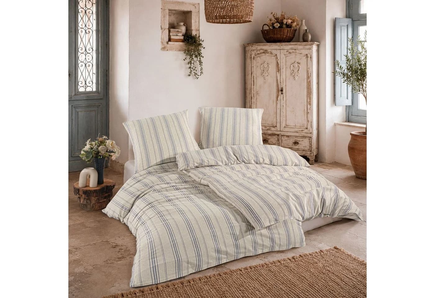 KK Shopping Kinderbettwäsche Leinen Set 135x200 cm Gestreift Beige Blau