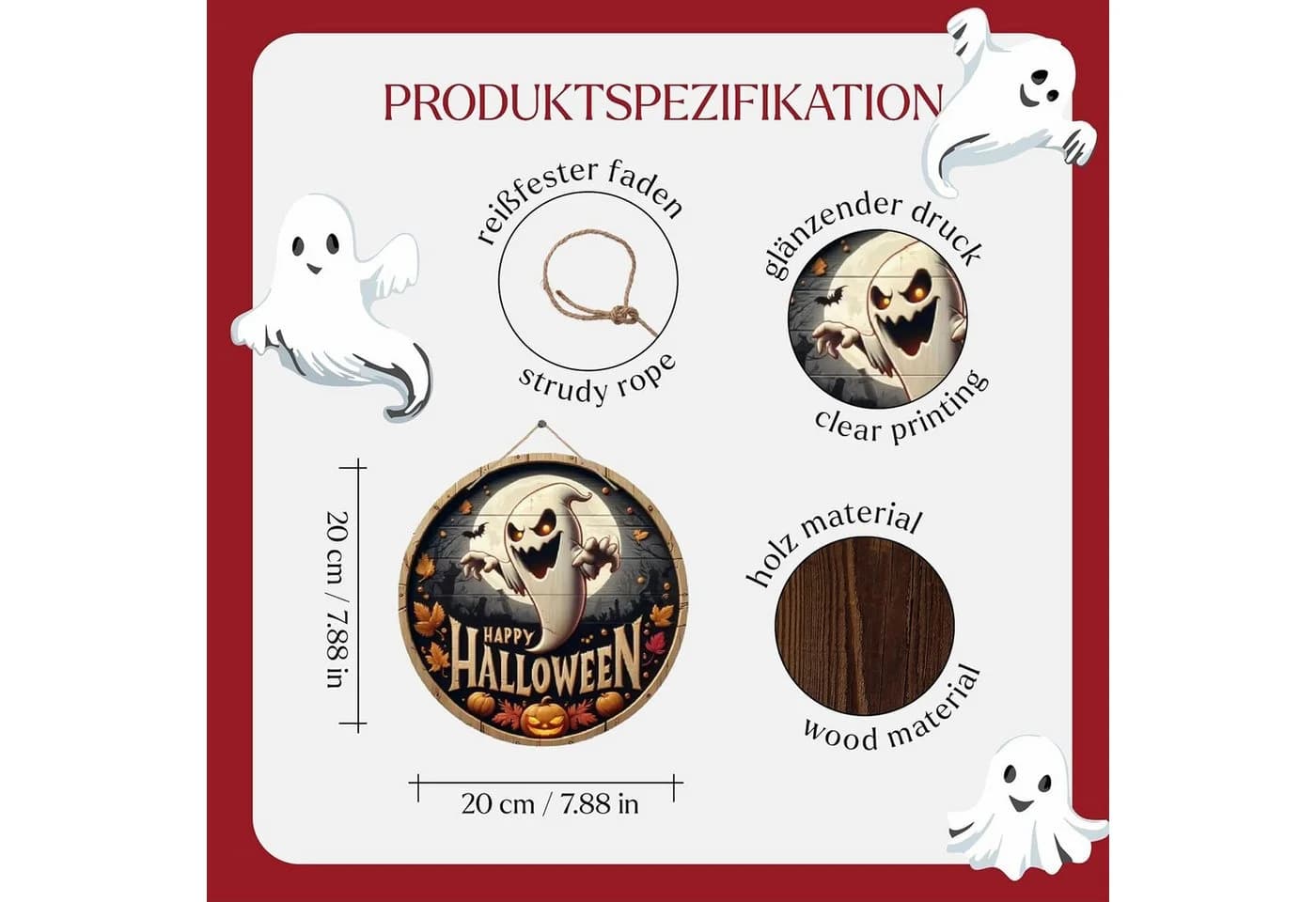 COFI Wanddeko Halloween Geist aus Holz mit Happy Halloween Schriftzug