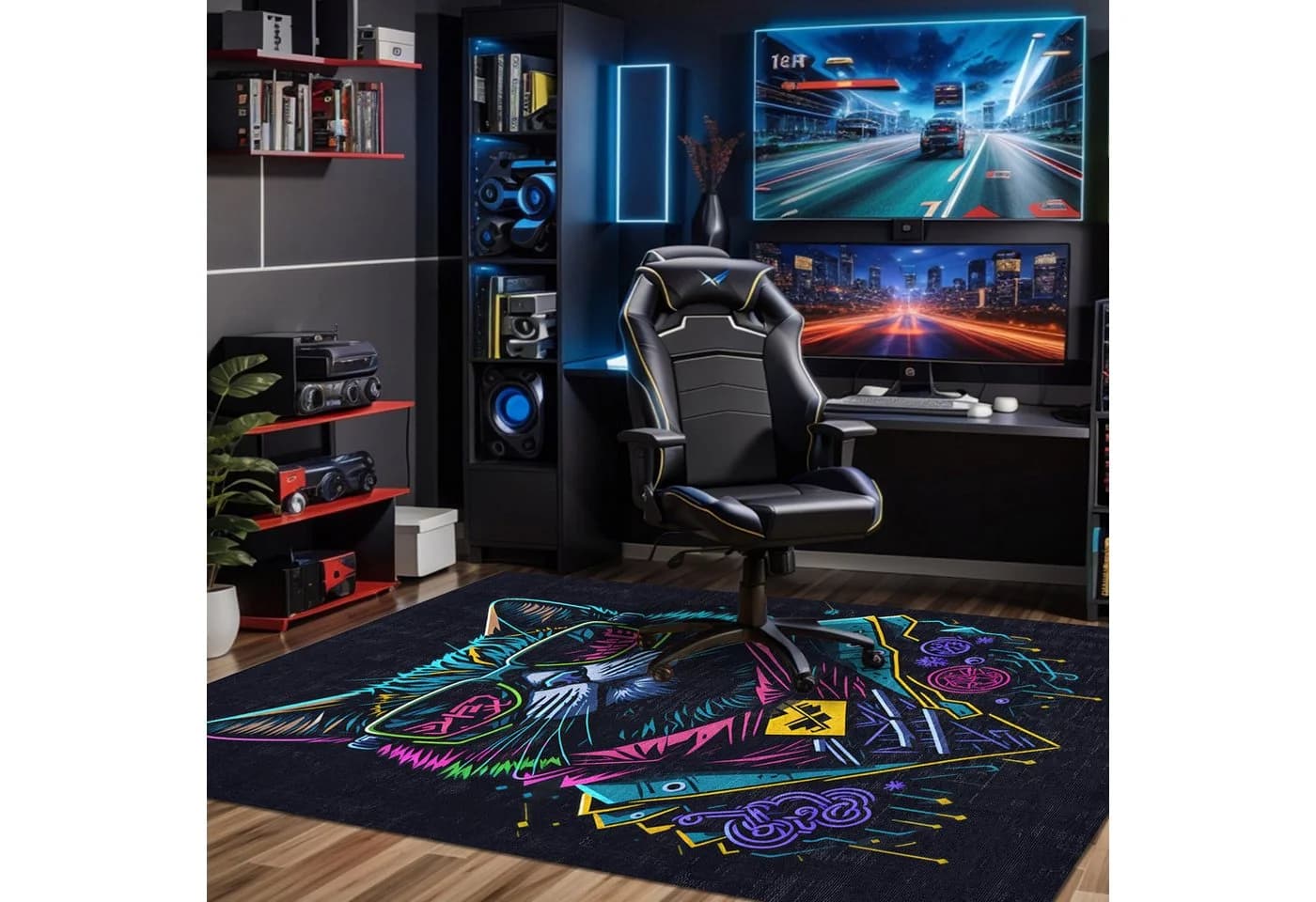 Bamyum Teppich Blackcat Chenille Druck Schwarz Bunt Gaming Vintage
