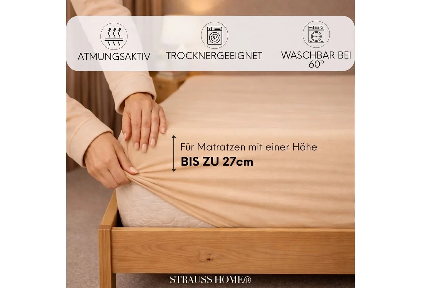 Strauss Home Spannbettlaken Premium Beige Jersey Baumwolle - Bild 3