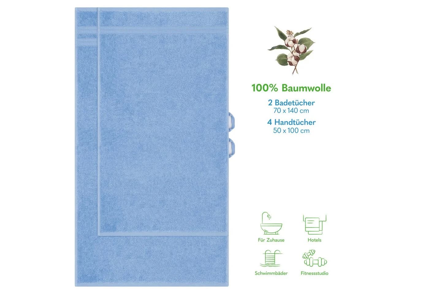 Hammetex 6-teiliges Handtuch Set 100% Baumwolle Hellblau Frottier