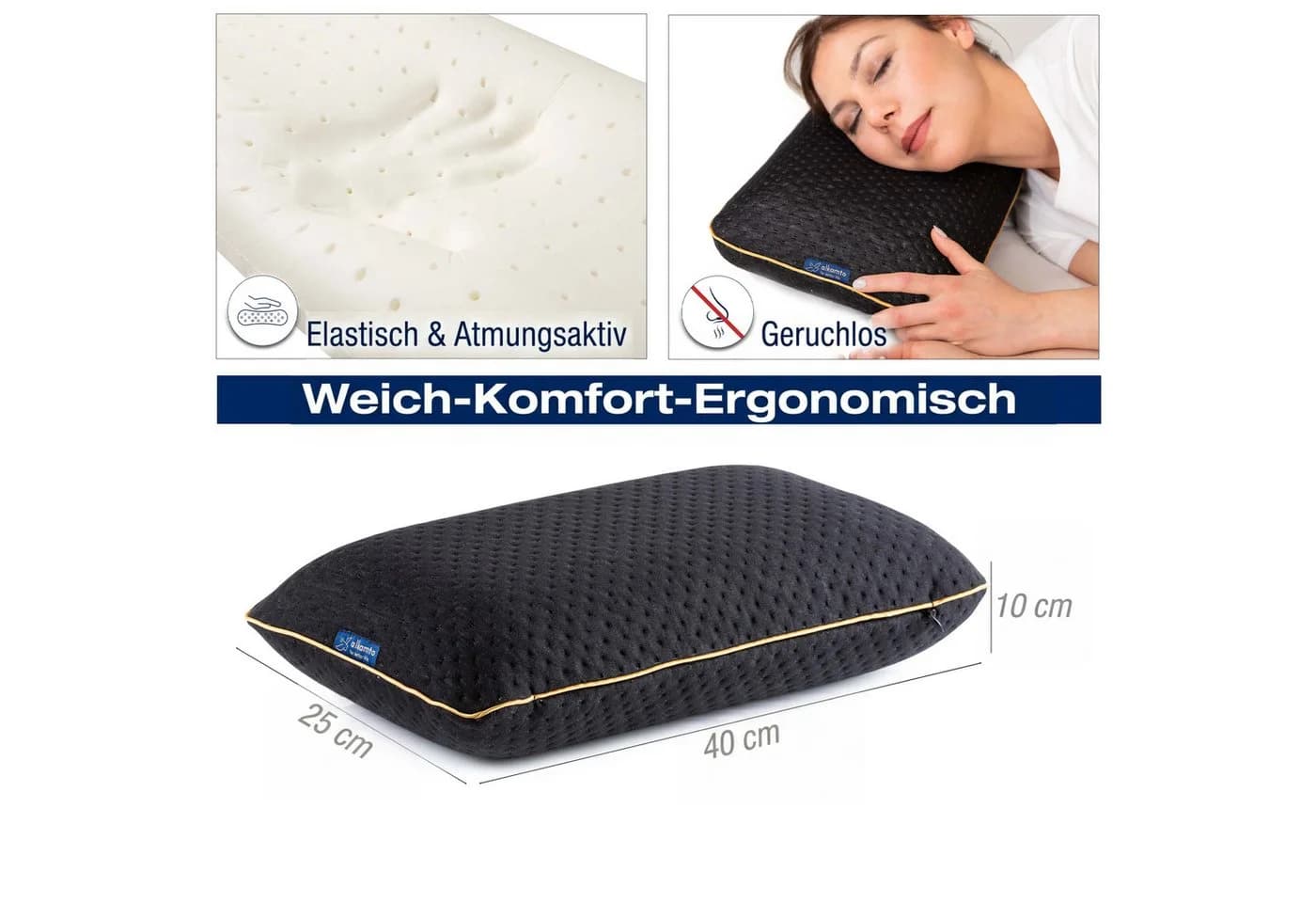 Alkamto Orthopädisches Reise- & Campingkissen Memory-Schaum Schwarz/Weiß