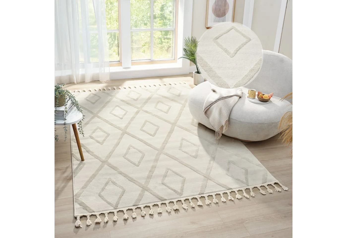 OTTO HOME Teppich Otilie Beige Woll-Look Rauten Fransen - Bild 2