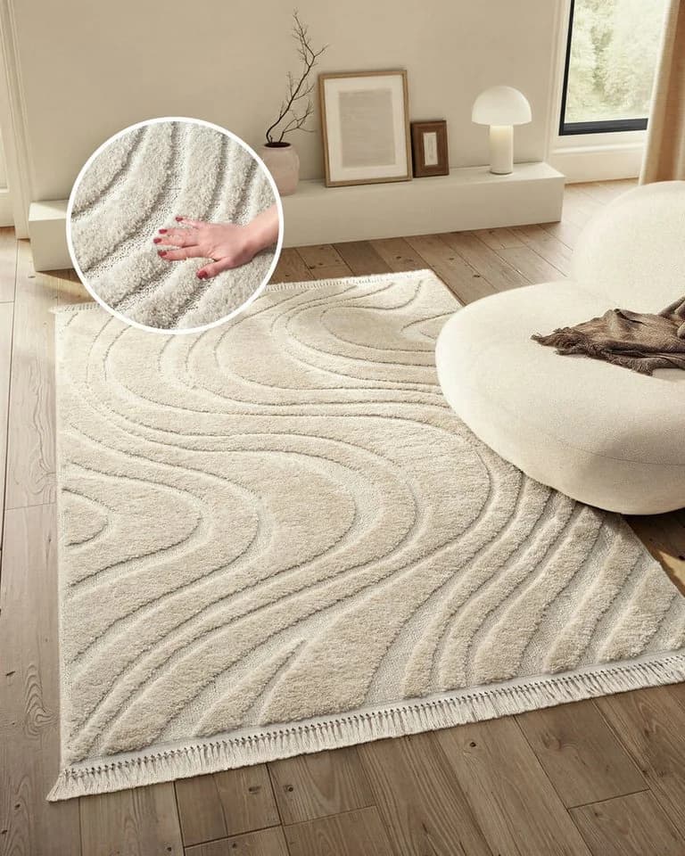 Beiger Boho-Scandi-Teppich mit 3D-Optik und Hoch-Tief-Design - Bild 2