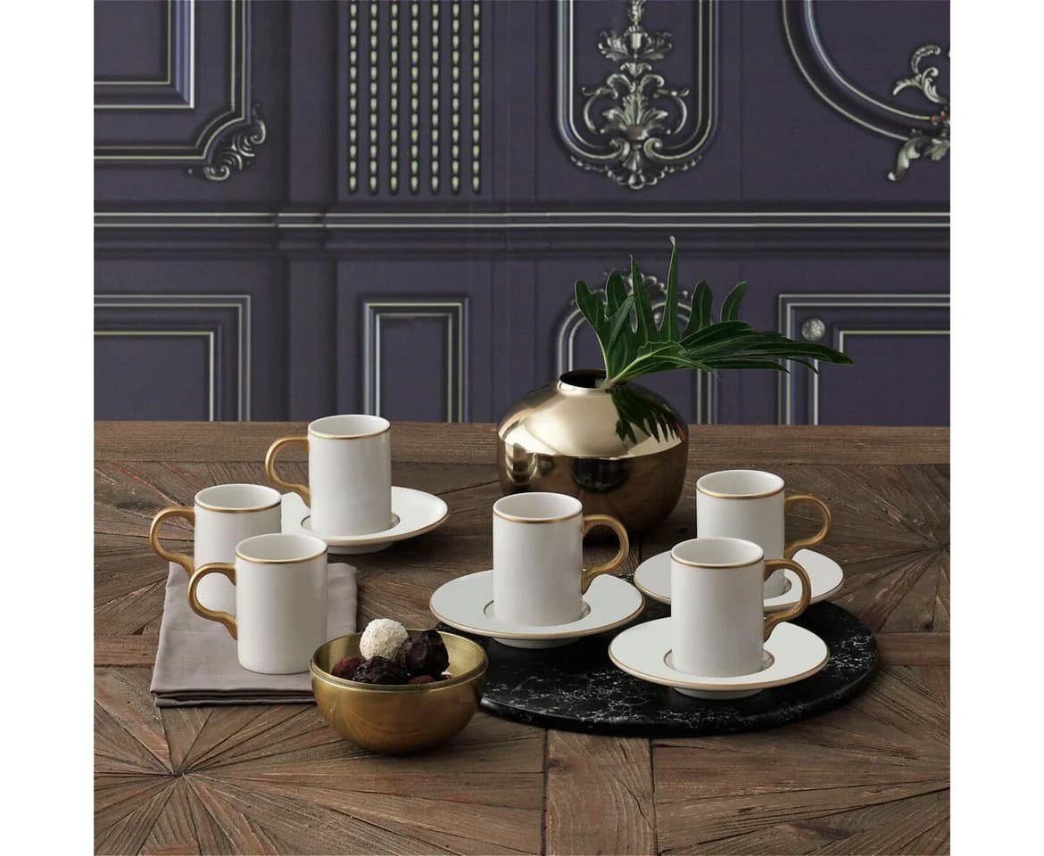 GÜRAL Porselen Kaffeeservice ATINA 12-tlg. Weiß/Gold Bone Porzellan