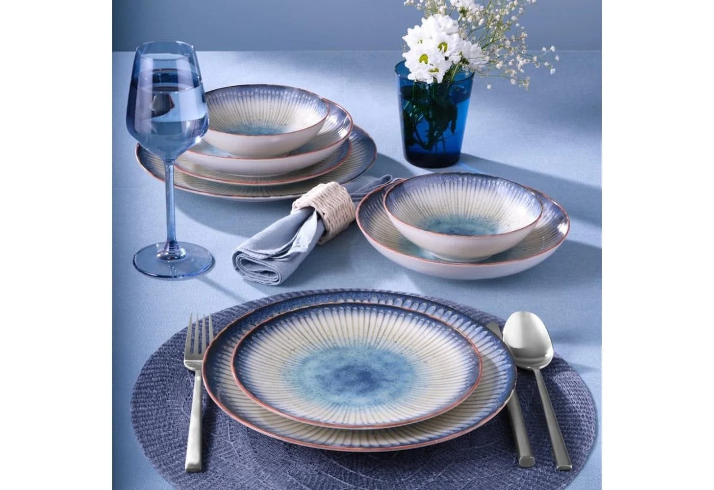 GÜRAL Porselen Tafelservice ATINA 18-tlg. Bone-Porzellan Creme/Blau