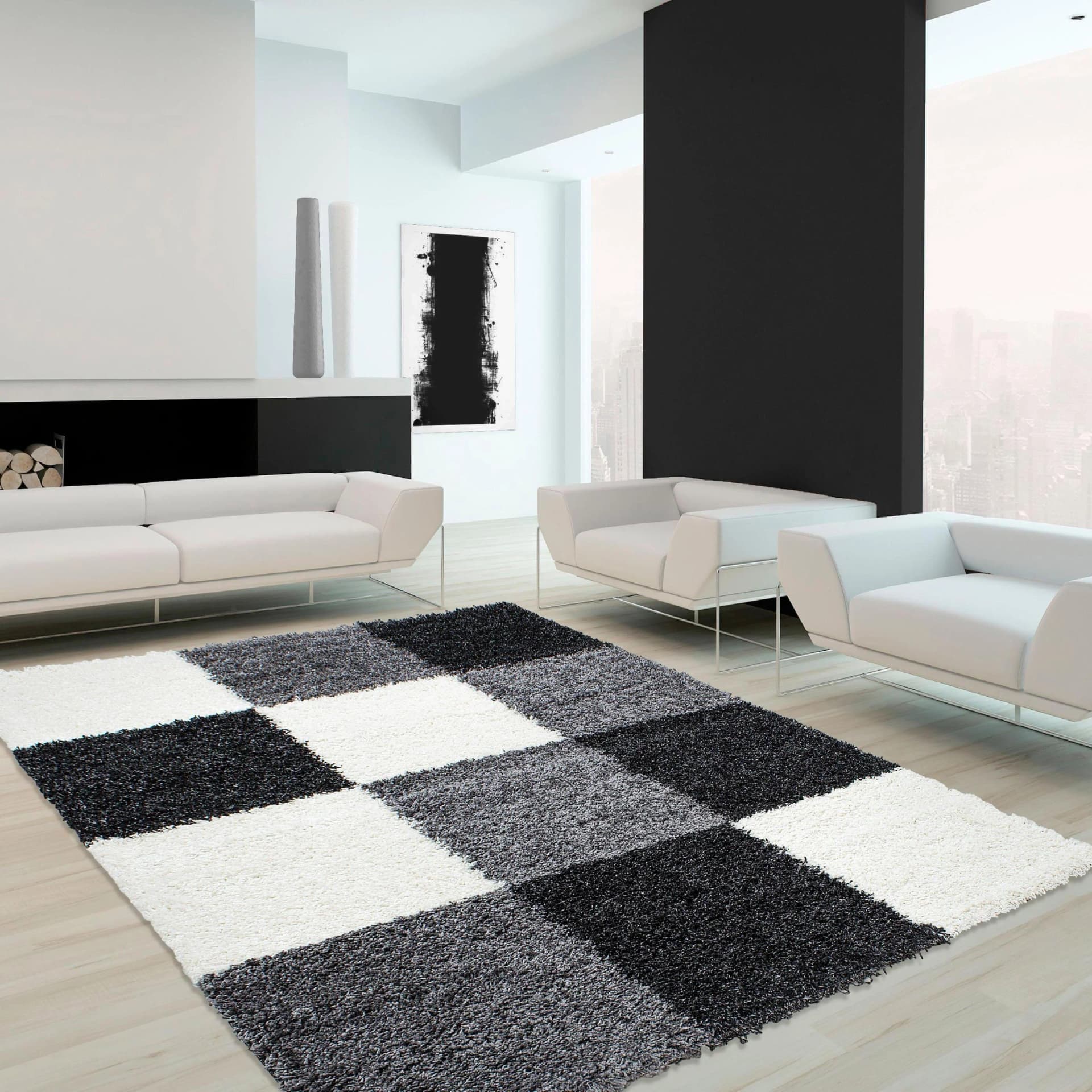 Hochflor-Teppich AYYILDIZ TEPPICHE "Life Shaggy 1501" Kariert Schwarz - Bild 2