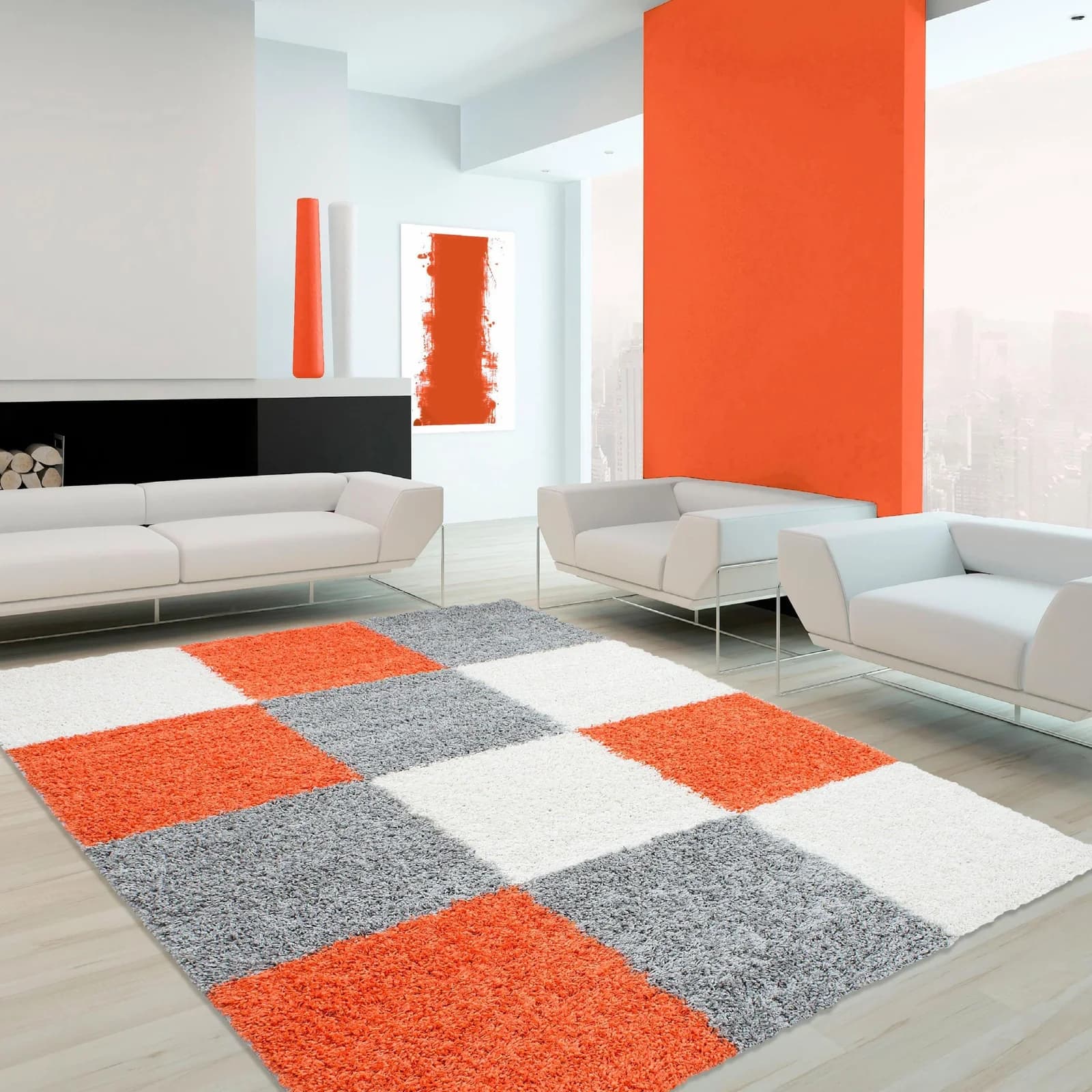 AYYILDIZ Life Shaggy Teppich Orange Kariert Hochflor