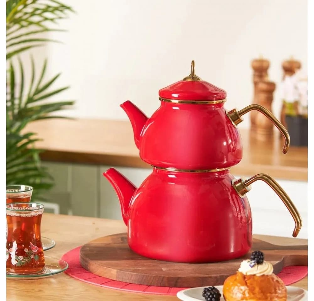 Karaca Retro Emaille-Teekannen-Set 3,4L Rot Induktionsgeeignet