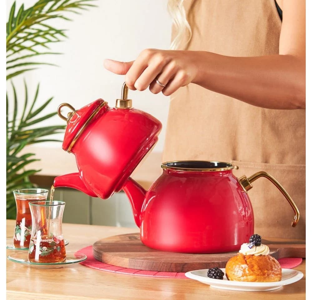 Karaca Retro Emaille-Teekannen-Set 3,4L Rot Induktionsgeeignet - Bild 3