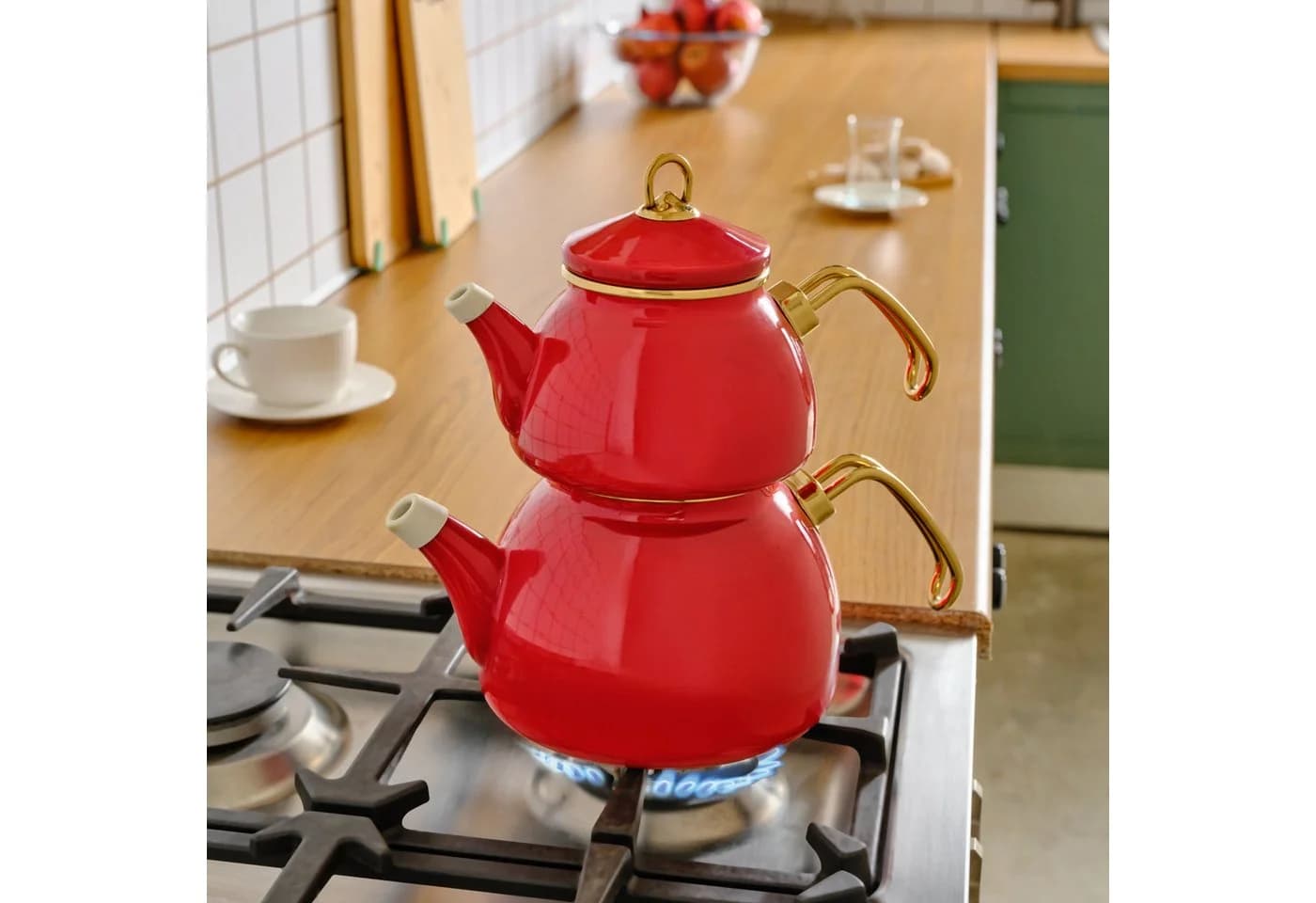 Karaca Retro Emaille-Teekannen-Set 3,4L Rot Induktionsgeeignet - Bild 5