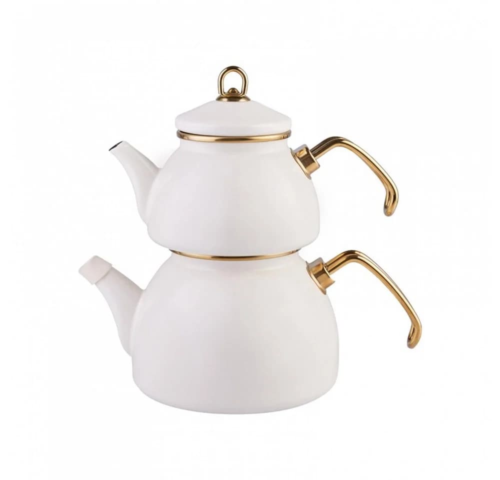 Karaca Retro Emaille Teekanne Set Creme Gold